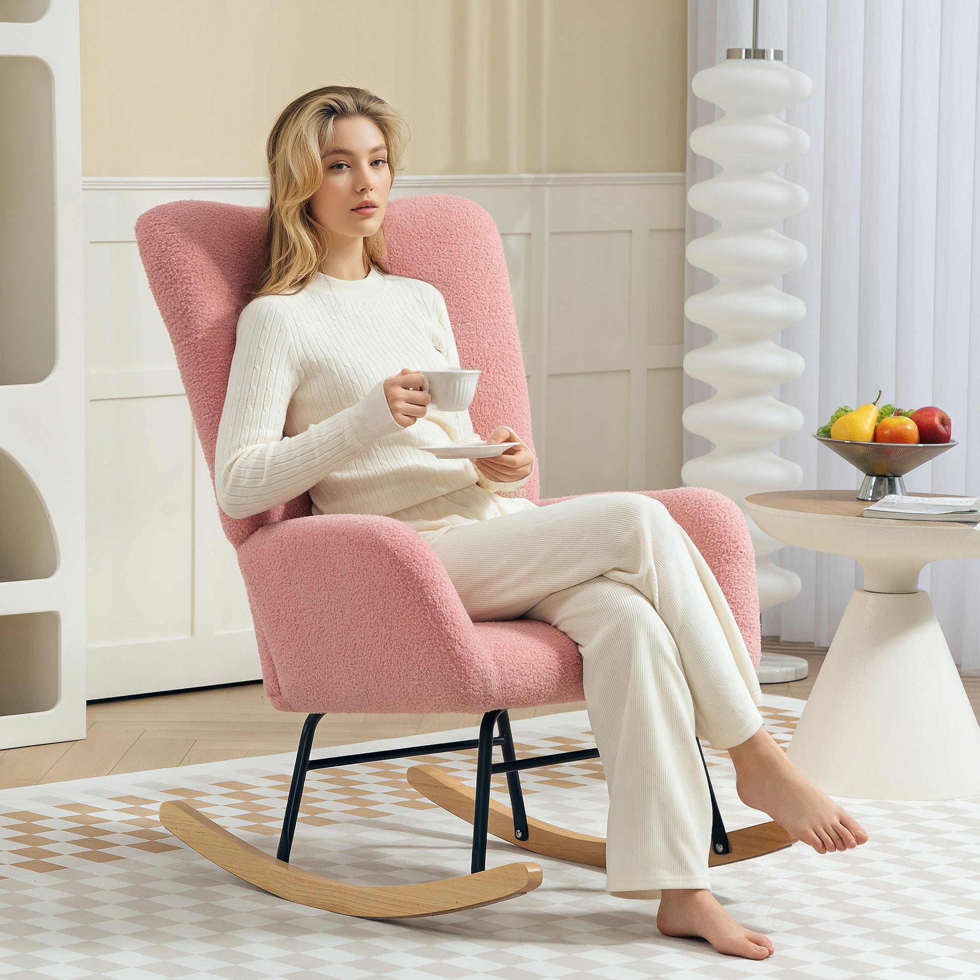 Rocking Chair, Rocking Armchair with Armrest, Teddy Velvet Look, Relaxing Chair with Wooden Rockers, Rocking Chair Nursing Chair for Bedroom, Living Room, Pink