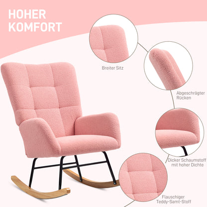 Rocking Chair, Rocking Armchair with Armrest, Teddy Velvet Look, Relaxing Chair with Wooden Rockers, Rocking Chair Nursing Chair for Bedroom, Living Room, Pink