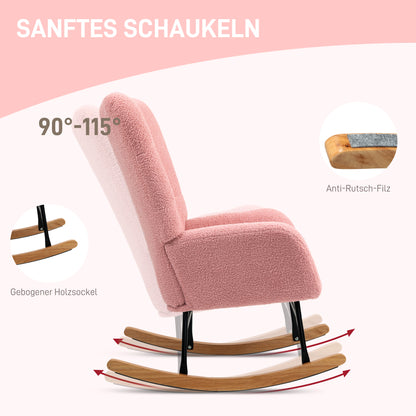 Rocking Chair, Rocking Armchair with Armrest, Teddy Velvet Look, Relaxing Chair with Wooden Rockers, Rocking Chair Nursing Chair for Bedroom, Living Room, Pink