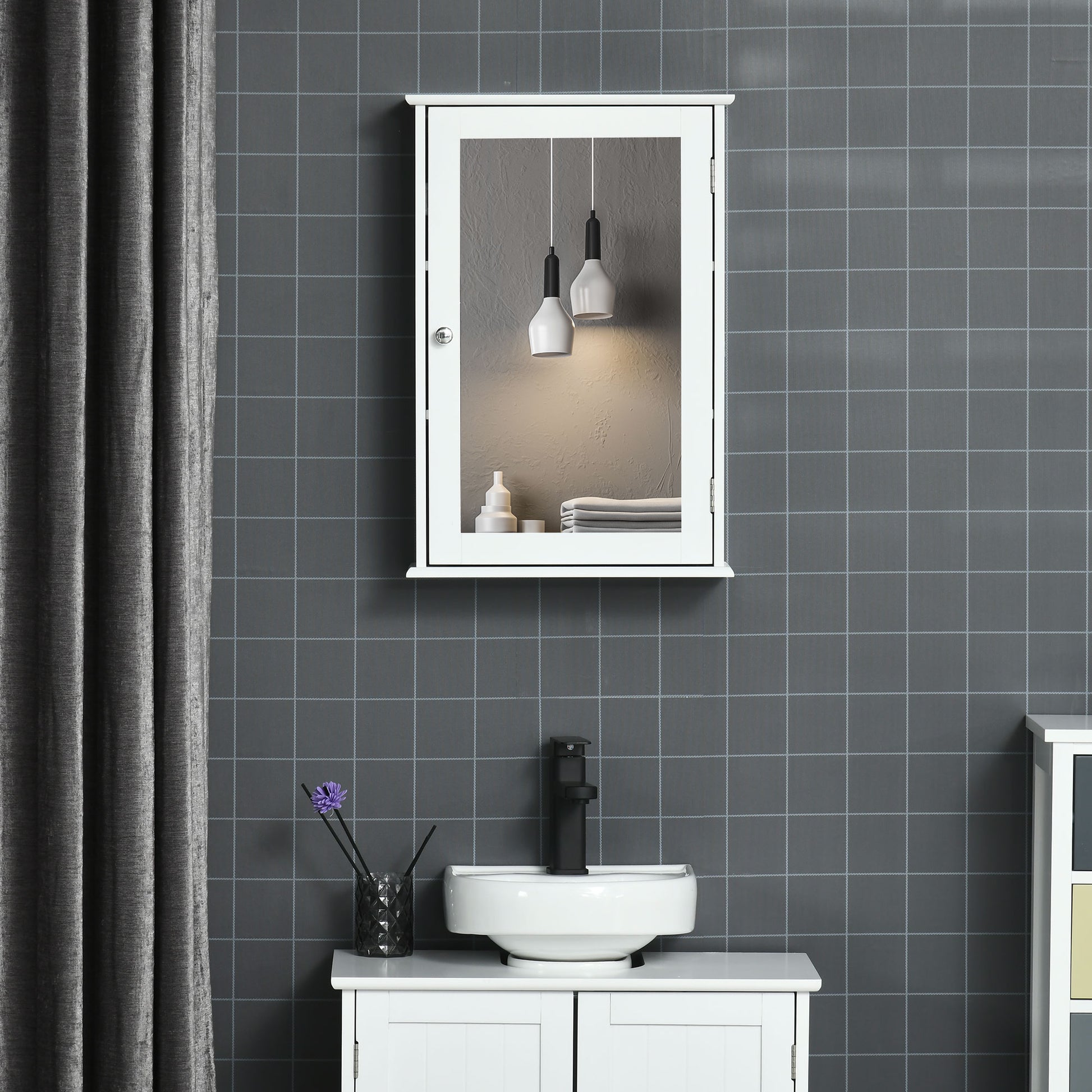 Wall-Mounted Bathroom Mirror Cabinet - Mirror Cabinet - Toilet Storage Cupboard - 1 Door, 2 Shelves - White MDF Glass