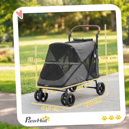 Foldable Dog Stroller – Up to 88 lb, 4-Wheel Suspension, 360° Swivel Front Wheels, Washable Cushion, Adjustable Handle, Gray
