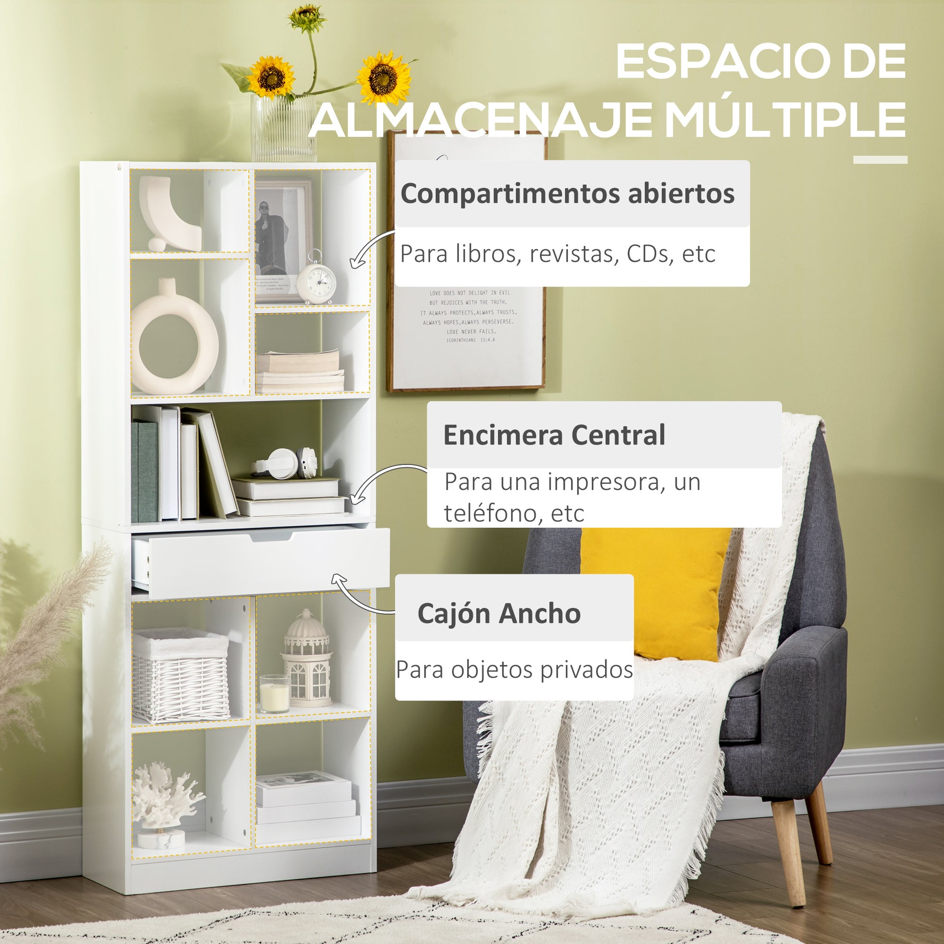 Bookshelf with Drawer and 9 Storage Compartments Bookcase Shelf for Living Room Office Study 60x26x158 cm White