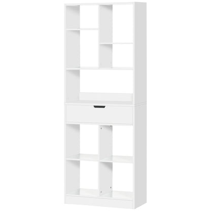 Bookshelf with Drawer and 9 Storage Compartments Bookcase Shelf for Living Room Office Study 60x26x158 cm White
