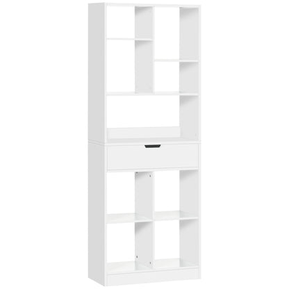 Bookshelf with Drawer and 9 Storage Compartments Bookcase Shelf for Living Room Office Study 60x26x158 cm White