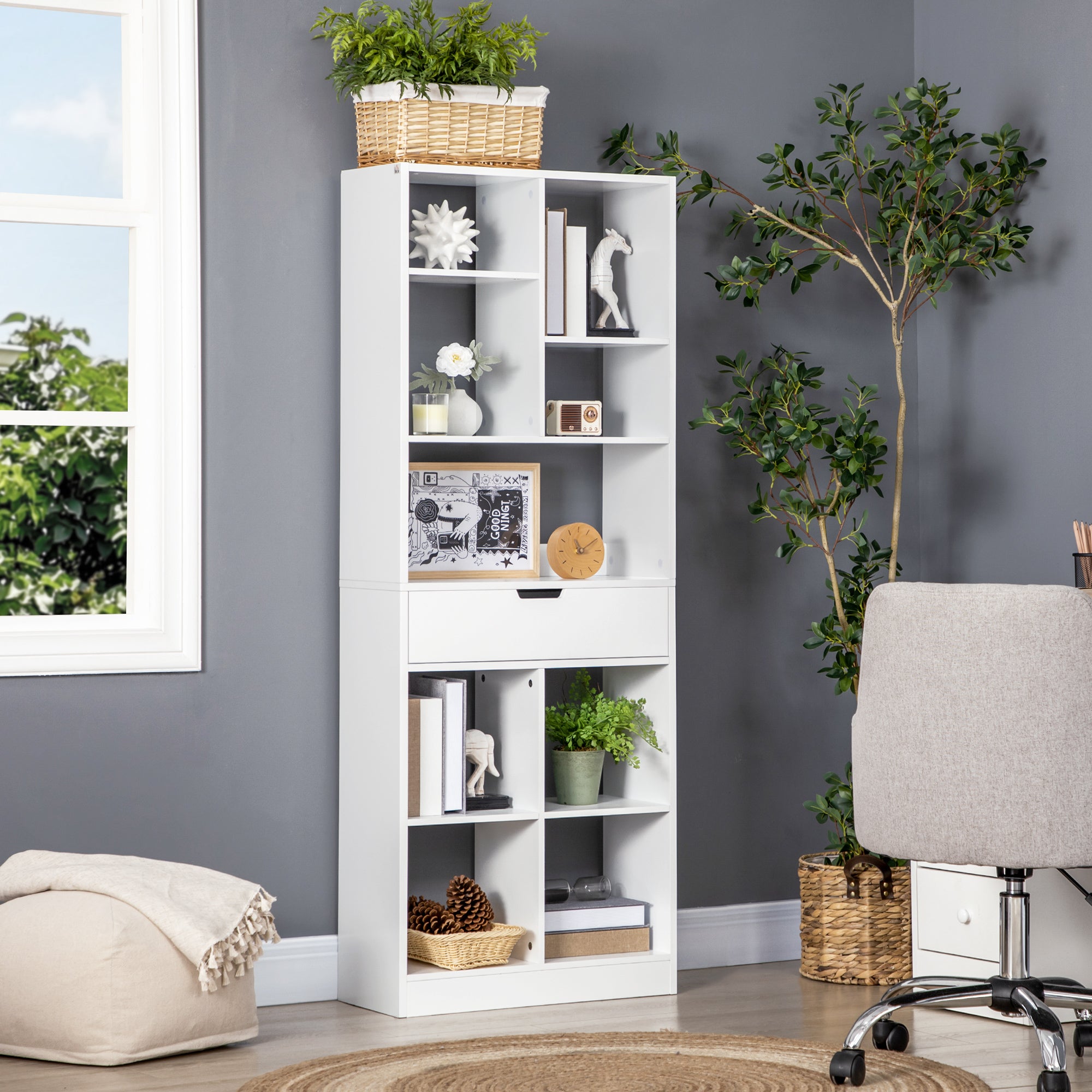 Bookshelf with Drawer and 9 Storage Compartments Bookcase Shelf for Living Room Office Study 60x26x158 cm White