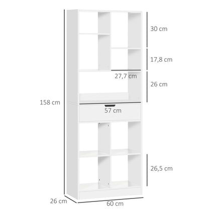 Bookshelf with Drawer and 9 Storage Compartments Bookcase Shelf for Living Room Office Study 60x26x158 cm White