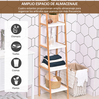 4-Level Bamboo Ladder Shelf Multifunctional Storage Furniture for Bathroom Living Room Kitchen 35x36x138.5 cm White and Natural