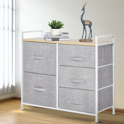 White Metal and Wood Chest of Drawers with 5 Foldable and Removable Gray Fabric Drawers, 83L x 29W x 77H cm