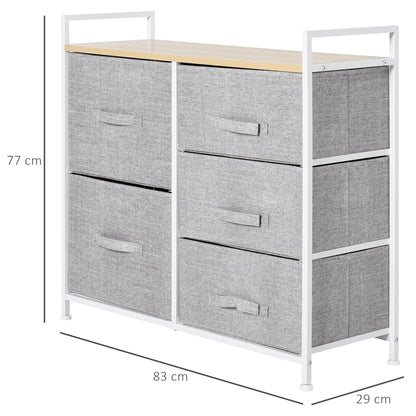 White Metal and Wood Chest of Drawers with 5 Foldable and Removable Gray Fabric Drawers, 83L x 29W x 77H cm