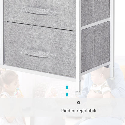 White Metal and Wood Chest of Drawers with 5 Foldable and Removable Gray Fabric Drawers, 83L x 29W x 77H cm