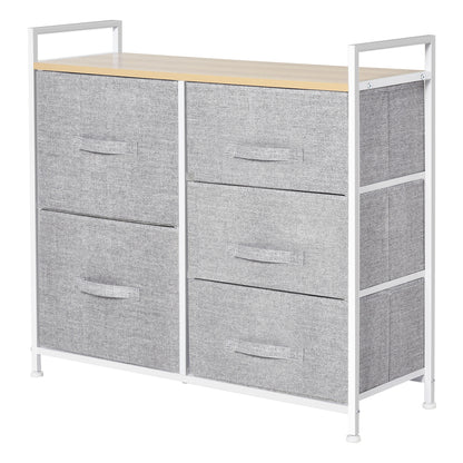 White Metal and Wood Chest of Drawers with 5 Foldable and Removable Gray Fabric Drawers, 83L x 29W x 77H cm