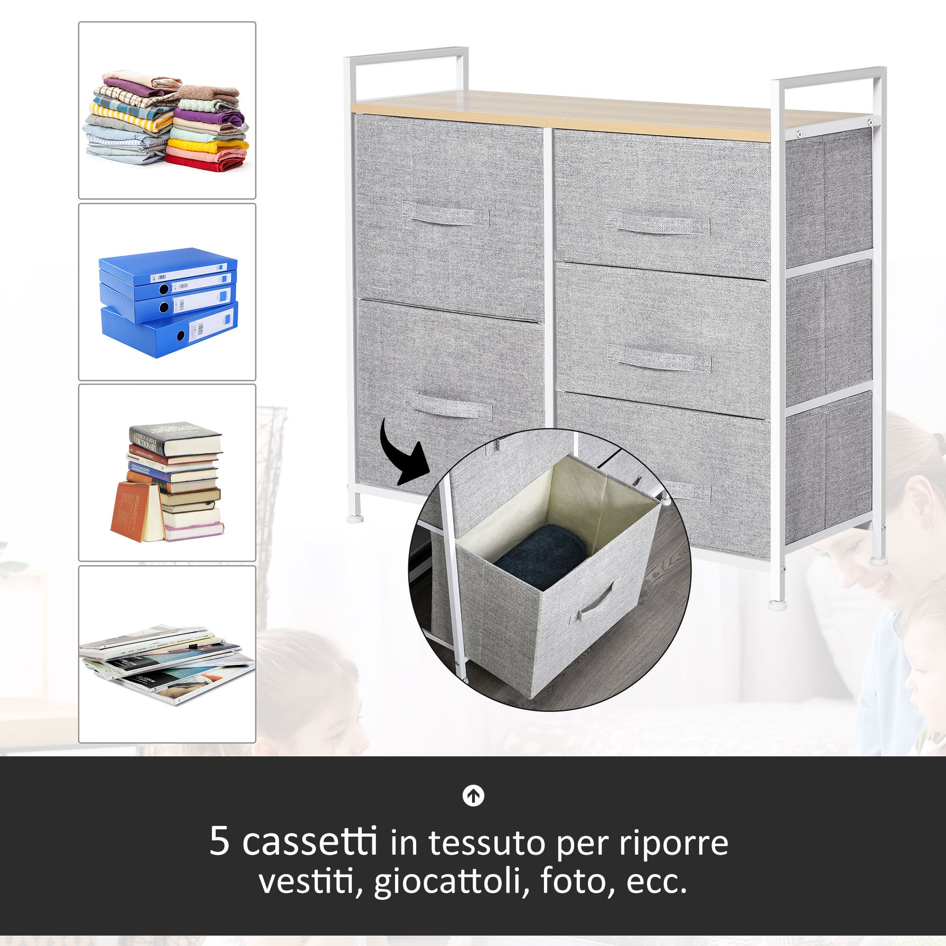 White Metal and Wood Chest of Drawers with 5 Foldable and Removable Gray Fabric Drawers, 83L x 29W x 77H cm