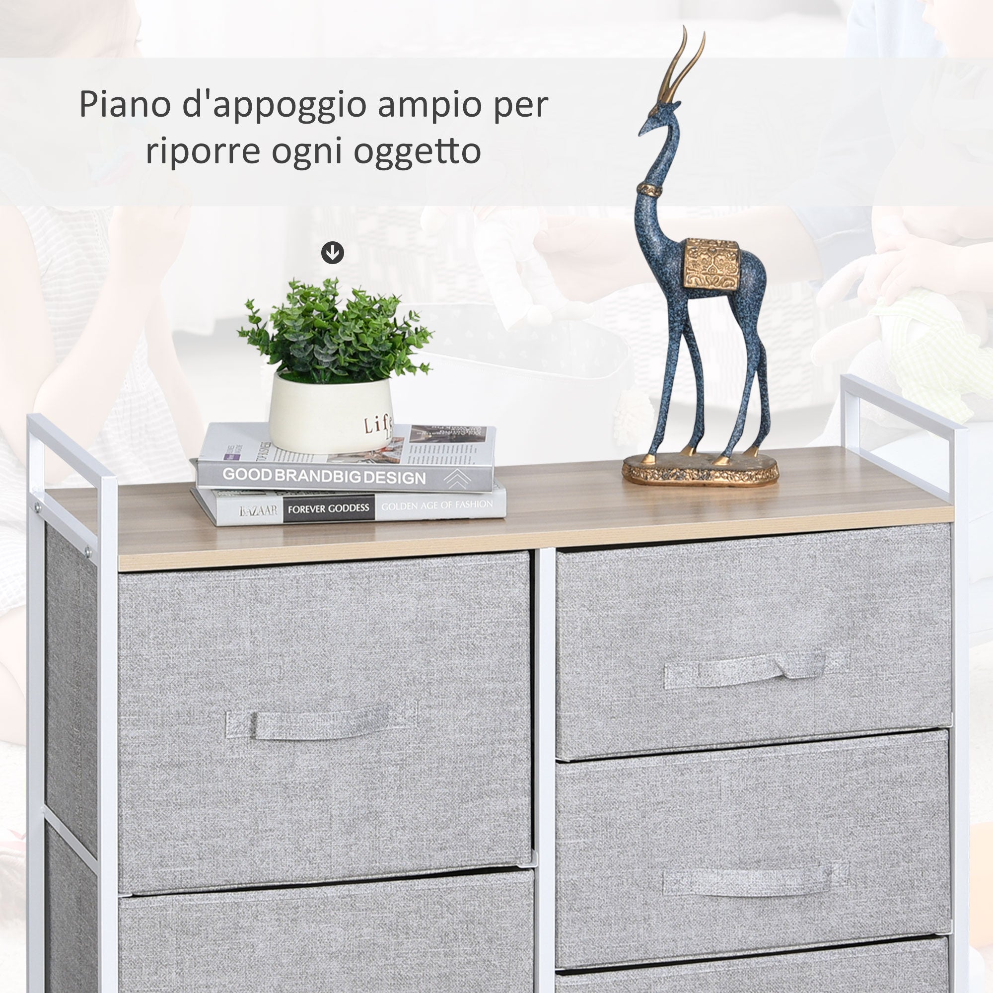 White Metal and Wood Chest of Drawers with 5 Foldable and Removable Gray Fabric Drawers, 83L x 29W x 77H cm