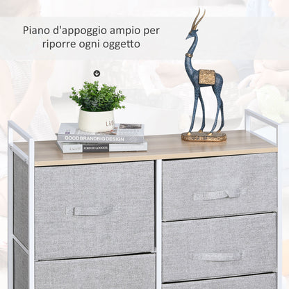 White Metal and Wood Chest of Drawers with 5 Foldable and Removable Gray Fabric Drawers, 83L x 29W x 77H cm