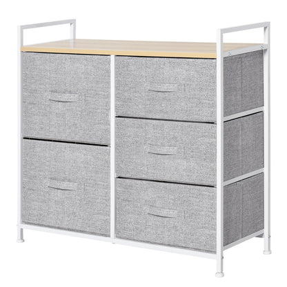 White Metal and Wood Chest of Drawers with 5 Foldable and Removable Gray Fabric Drawers, 83L x 29W x 77H cm