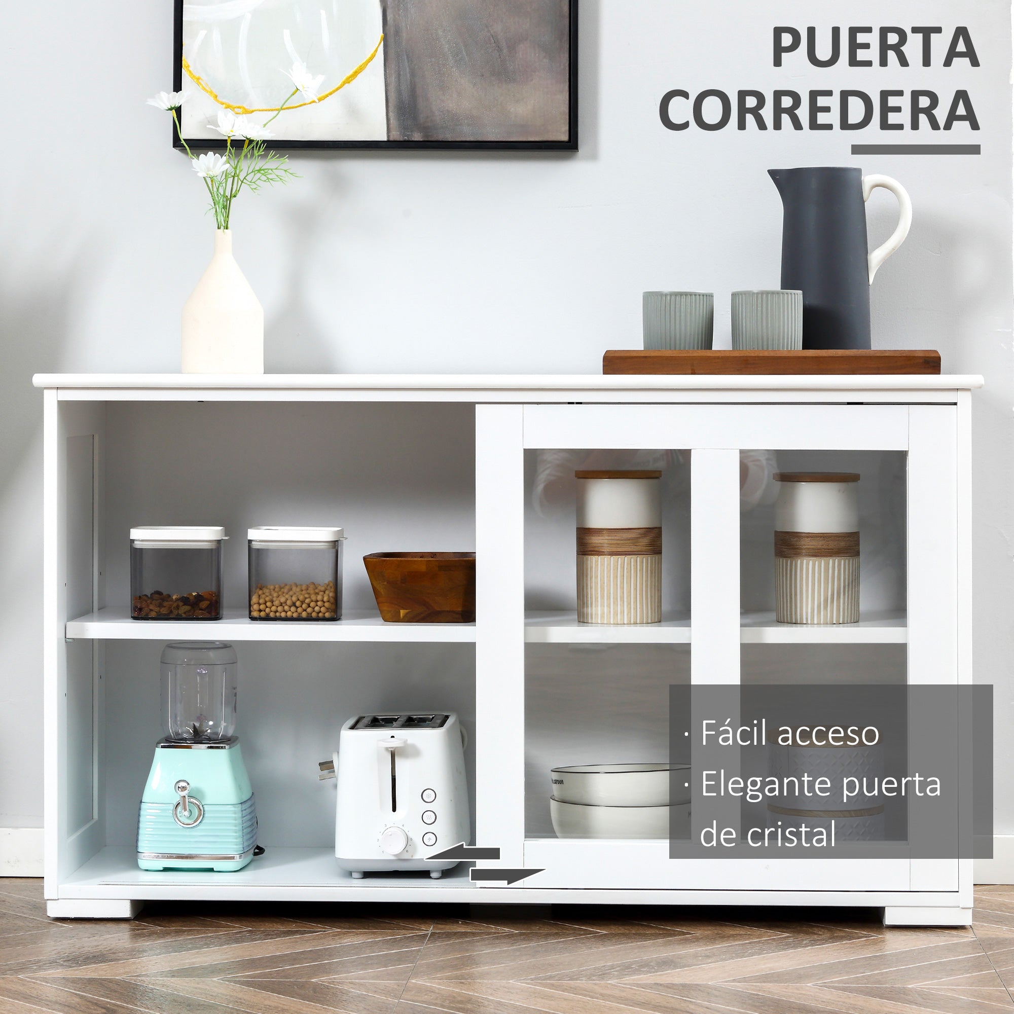 Modern Kitchen Sideboard Stackable Sideboard Kitchen Auxiliary Unit with 2 Sliding Glass Doors and Adjustable Shelf for Dining Room 107x33x62.5 cm White
