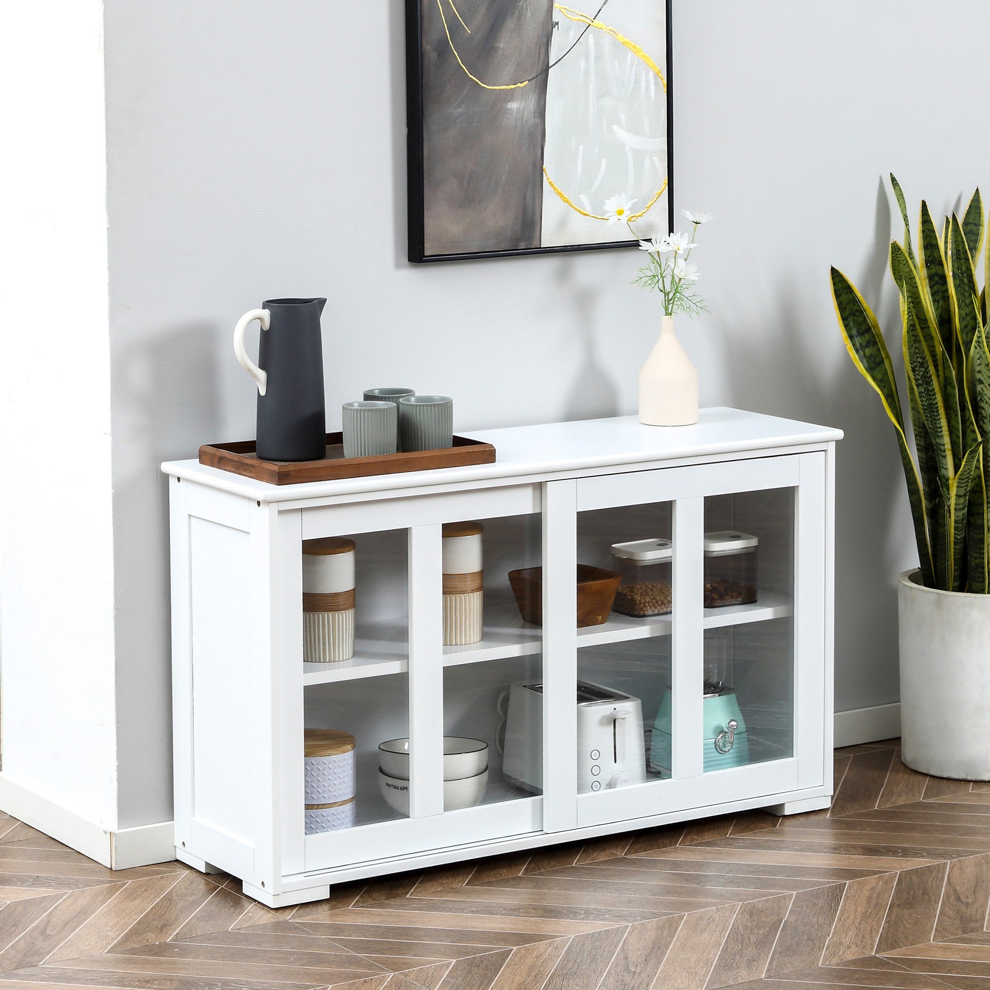 Modern Kitchen Sideboard Stackable Sideboard Kitchen Auxiliary Unit with 2 Sliding Glass Doors and Adjustable Shelf for Dining Room 107x33x62.5 cm White