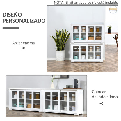 Modern Kitchen Sideboard Stackable Sideboard Kitchen Auxiliary Unit with 2 Sliding Glass Doors and Adjustable Shelf for Dining Room 107x33x62.5 cm White