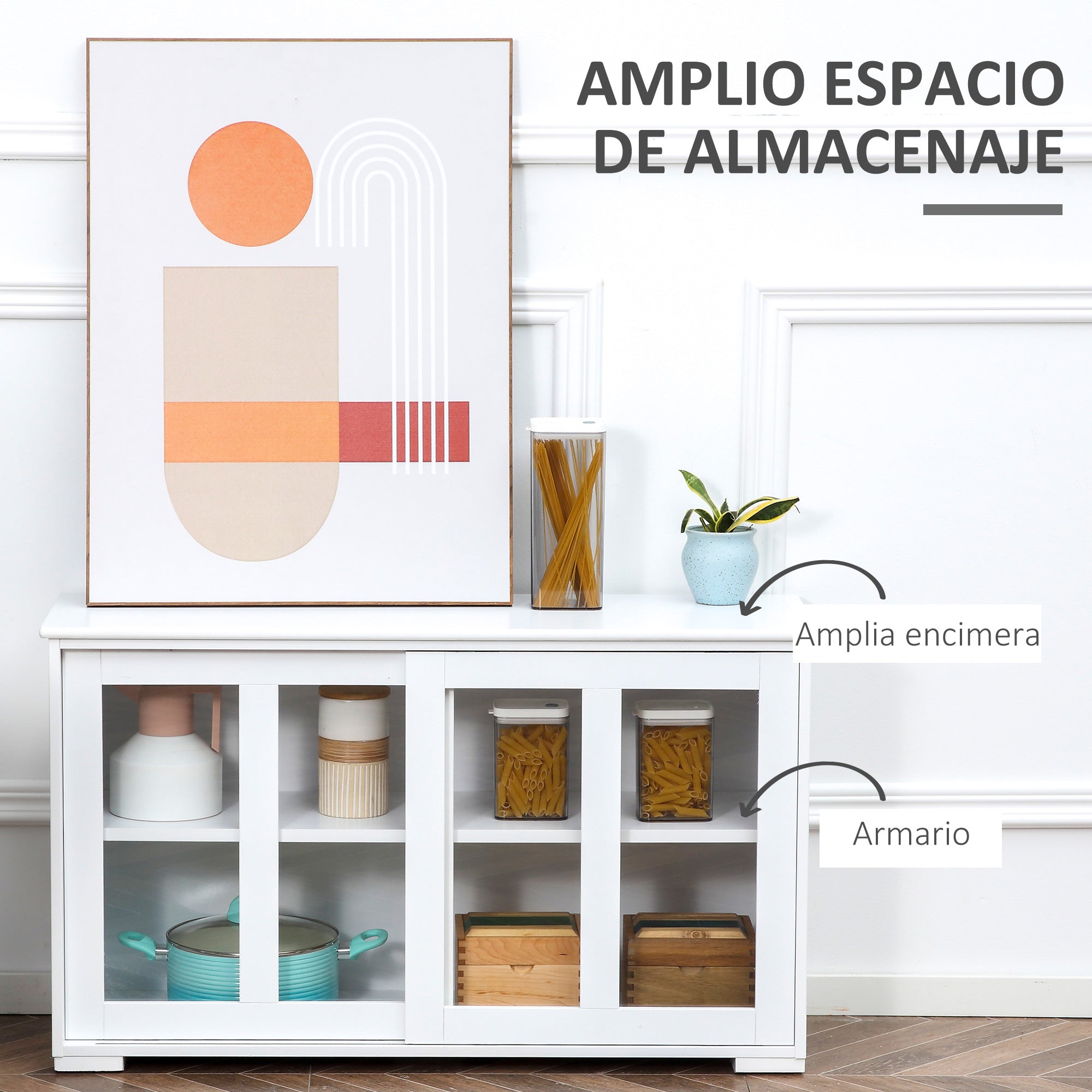 Modern Kitchen Sideboard Stackable Sideboard Kitchen Auxiliary Unit with 2 Sliding Glass Doors and Adjustable Shelf for Dining Room 107x33x62.5 cm White