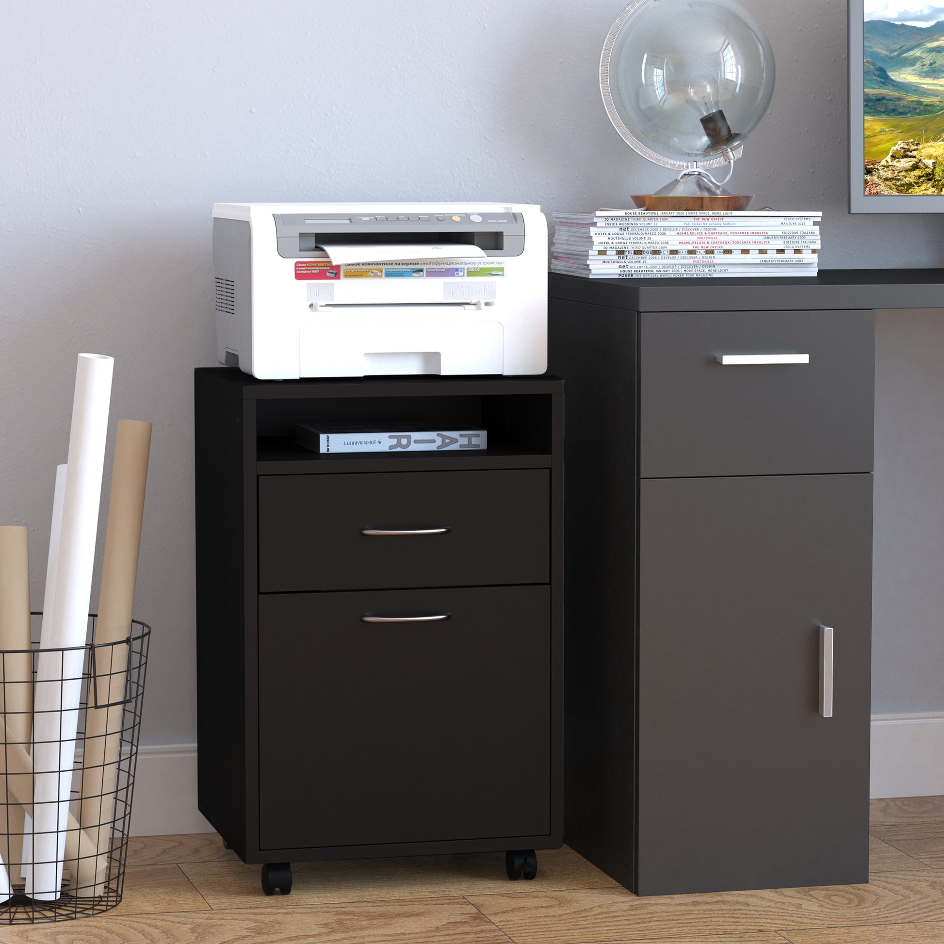 Mobile Filing Cabinet with 2 Drawers, Rolling File Cabinet with Wheels, Open Shelf, Office Cabinet, Desk Under Desk for Office, Home Office, 40 x 35 x 60 cm, Black
