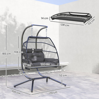 Hanging Chair with Foldable Stand, Hanging Basket with Cushion, Poly Rattan Ergonomic Swing Chair for 2 Persons, Outdoor Hanging Chair, Load Capacity up to 260kg, Chair for Balcony Terrace, Dark Gray