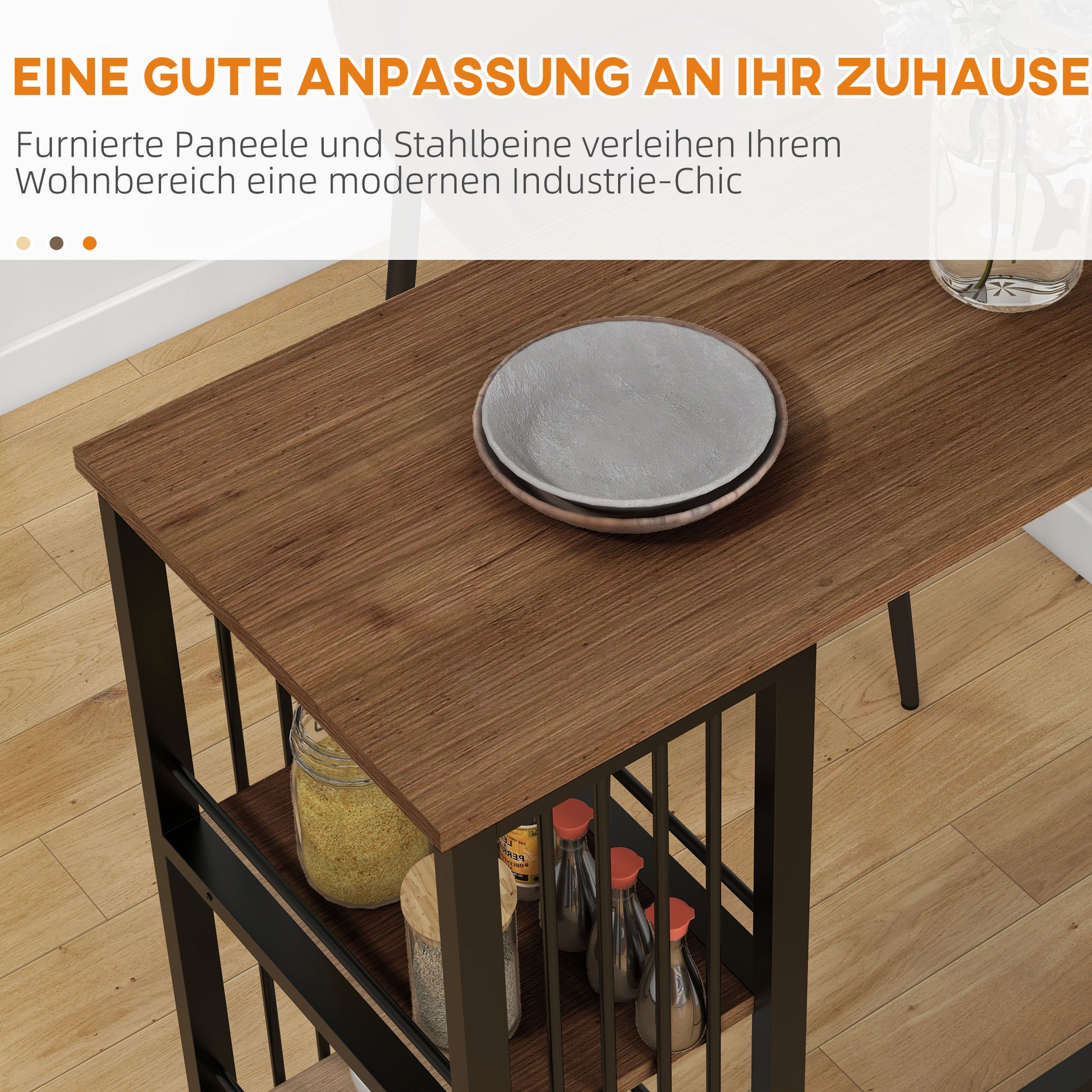 Bar Table High Table Counter Table with 3 Shelves Bar Counter Kitchen Table with Wood Look, Steel Frame, for Dining Room, Kitchen, Brown, 120 x 40 x 105 cm