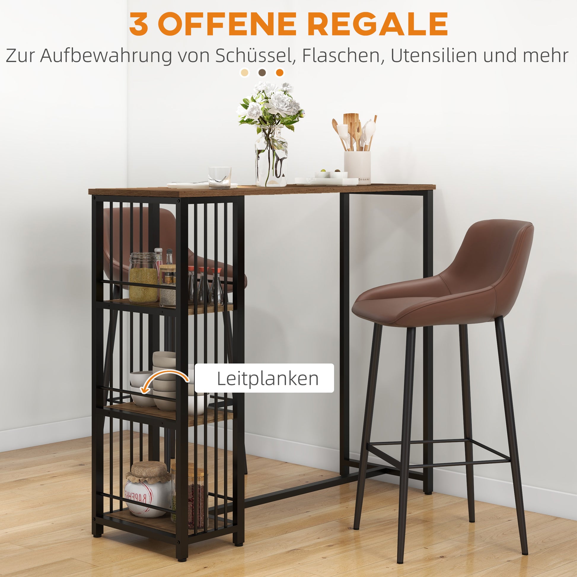 Bar Table High Table Counter Table with 3 Shelves Bar Counter Kitchen Table with Wood Look, Steel Frame, for Dining Room, Kitchen, Brown, 120 x 40 x 105 cm