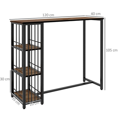 Bar Table High Table Counter Table with 3 Shelves Bar Counter Kitchen Table with Wood Look, Steel Frame, for Dining Room, Kitchen, Brown, 120 x 40 x 105 cm