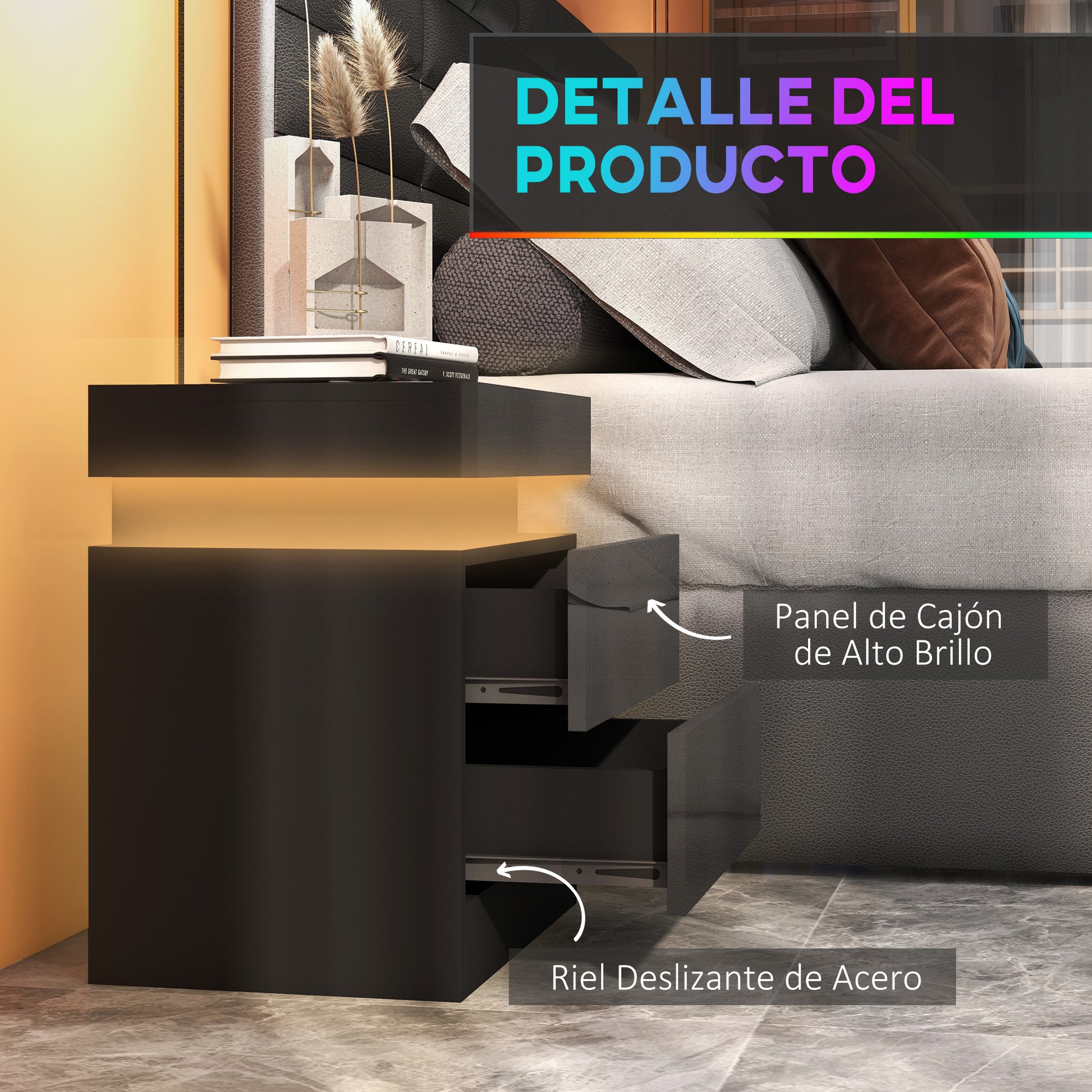 Nightstand with LED Lights Bedside Table with 2 Drawers and Remote Control Night Table for Bedroom Living Room 45x35x52 cm Black