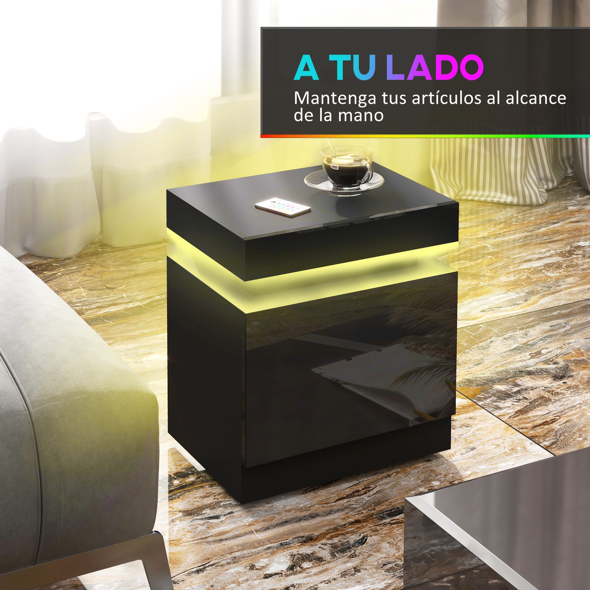 Nightstand with LED Lights Bedside Table with 2 Drawers and Remote Control Night Table for Bedroom Living Room 45x35x52 cm Black