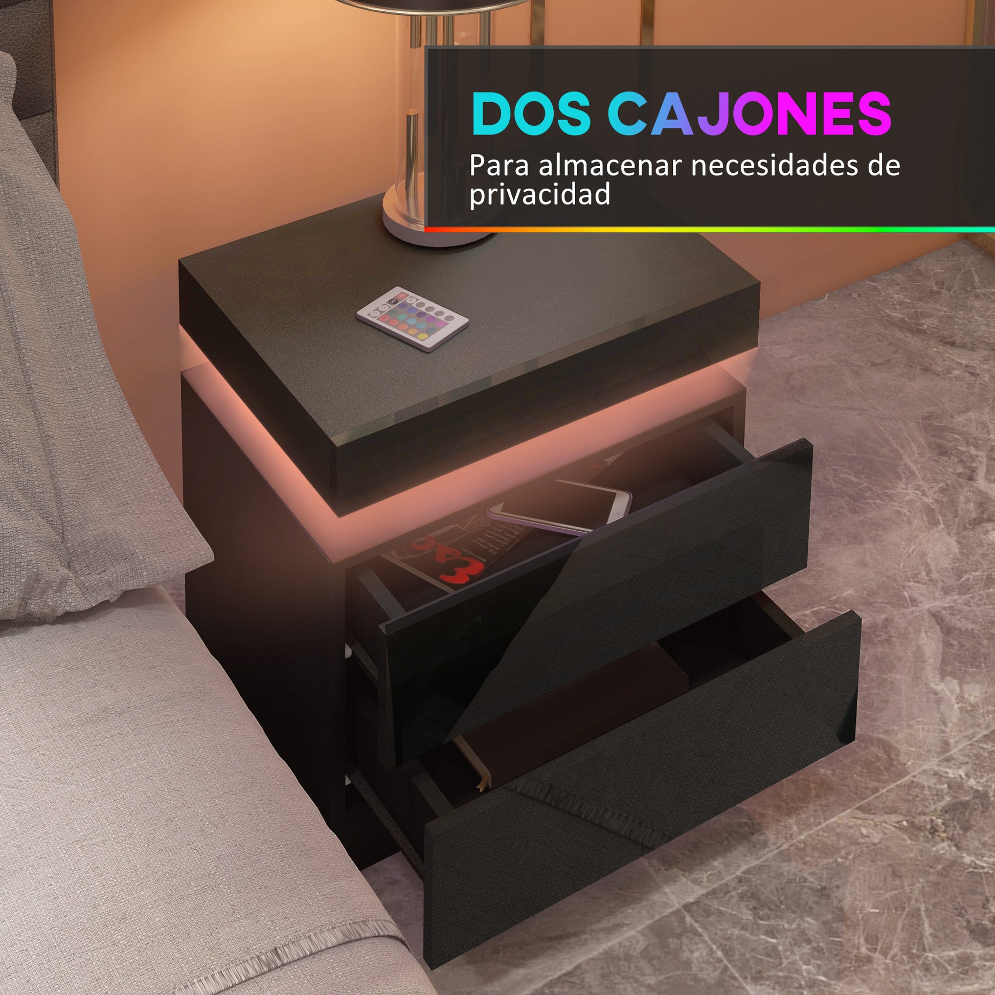 Nightstand with LED Lights Bedside Table with 2 Drawers and Remote Control Night Table for Bedroom Living Room 45x35x52 cm Black