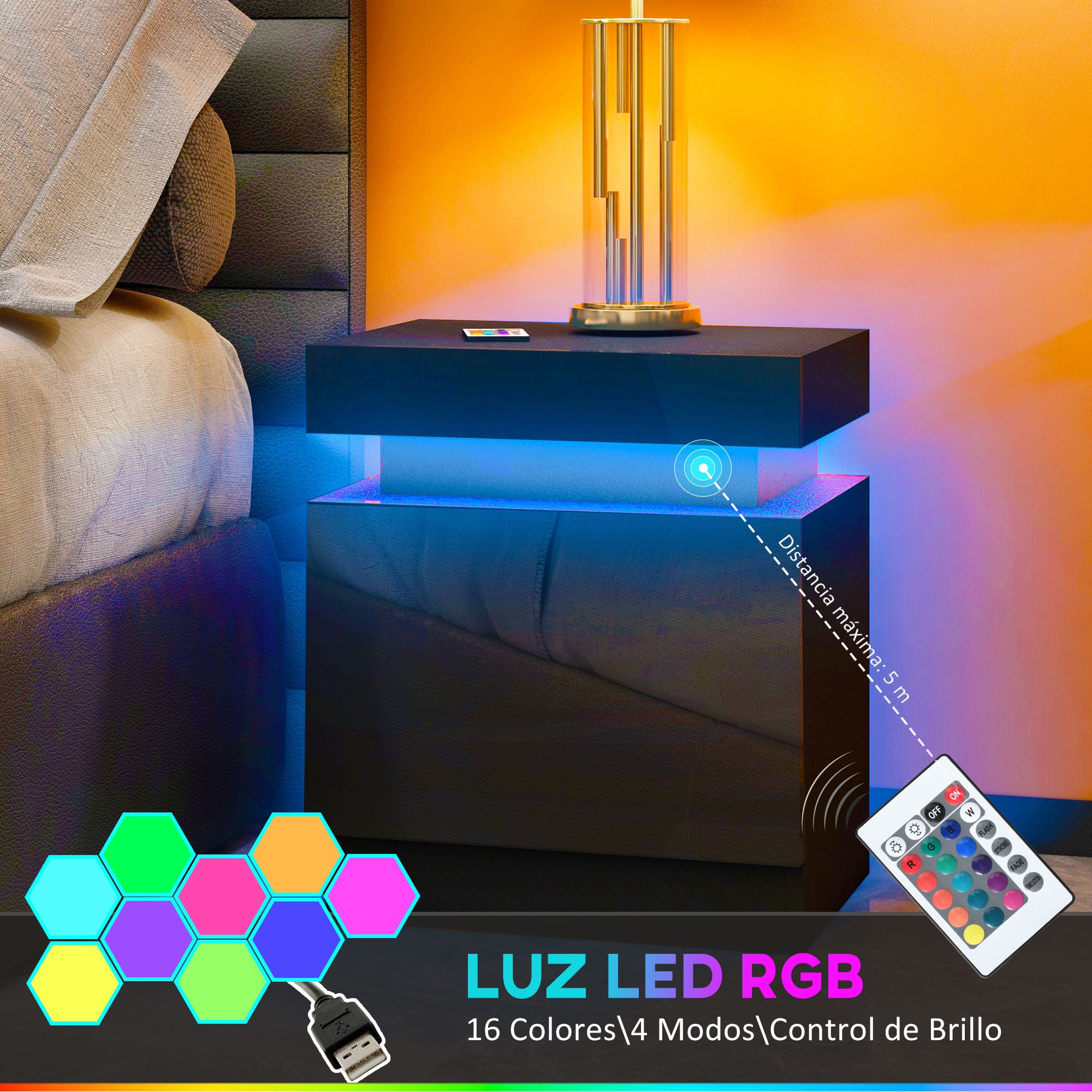 Nightstand with LED Lights Bedside Table with 2 Drawers and Remote Control Night Table for Bedroom Living Room 45x35x52 cm Black