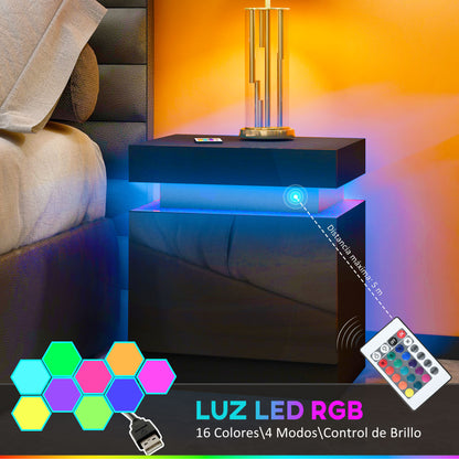 Nightstand with LED Lights Bedside Table with 2 Drawers and Remote Control Night Table for Bedroom Living Room 45x35x52 cm Black