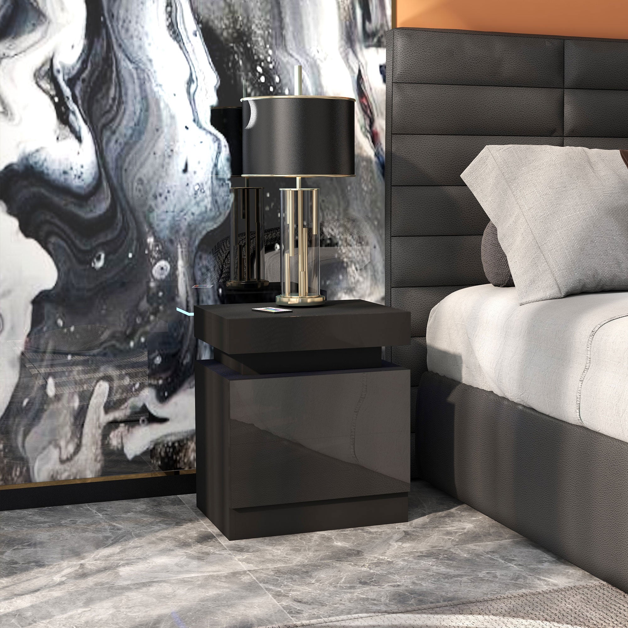 Nightstand with LED Lights Bedside Table with 2 Drawers and Remote Control Night Table for Bedroom Living Room 45x35x52 cm Black