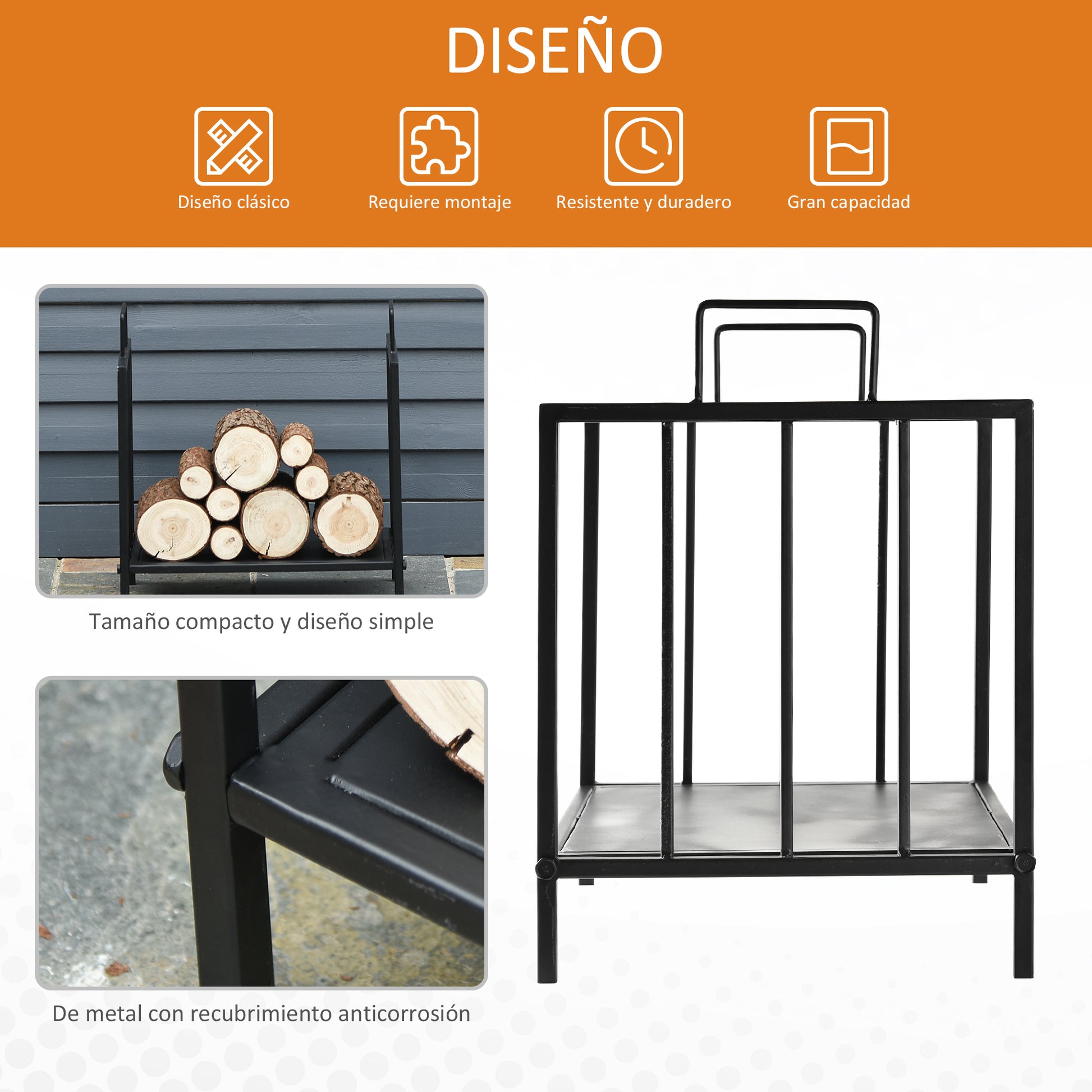 Fireplace Wood Rack 44.5x33x46.5 cm Traditional Indoor and Outdoor Log Holder Wood Storage Firewood Stand with Handles Elevated Design Black