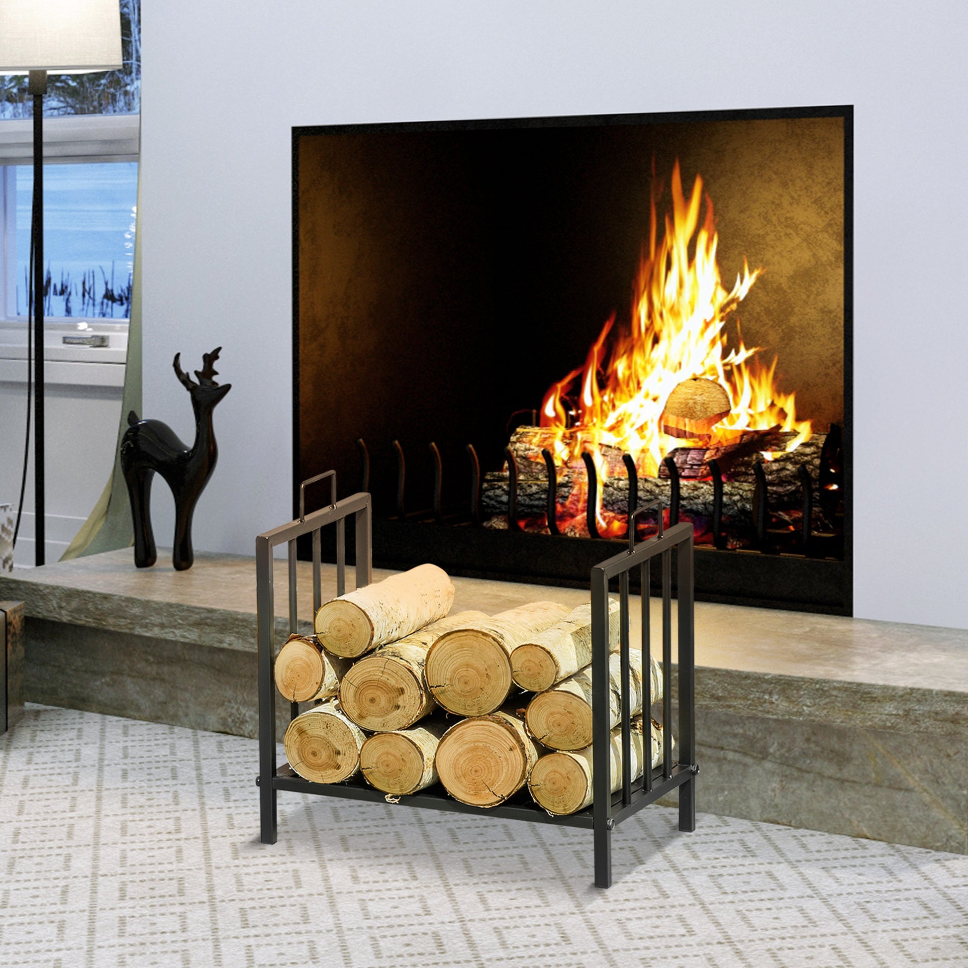 Fireplace Wood Rack 44.5x33x46.5 cm Traditional Indoor and Outdoor Log Holder Wood Storage Firewood Stand with Handles Elevated Design Black