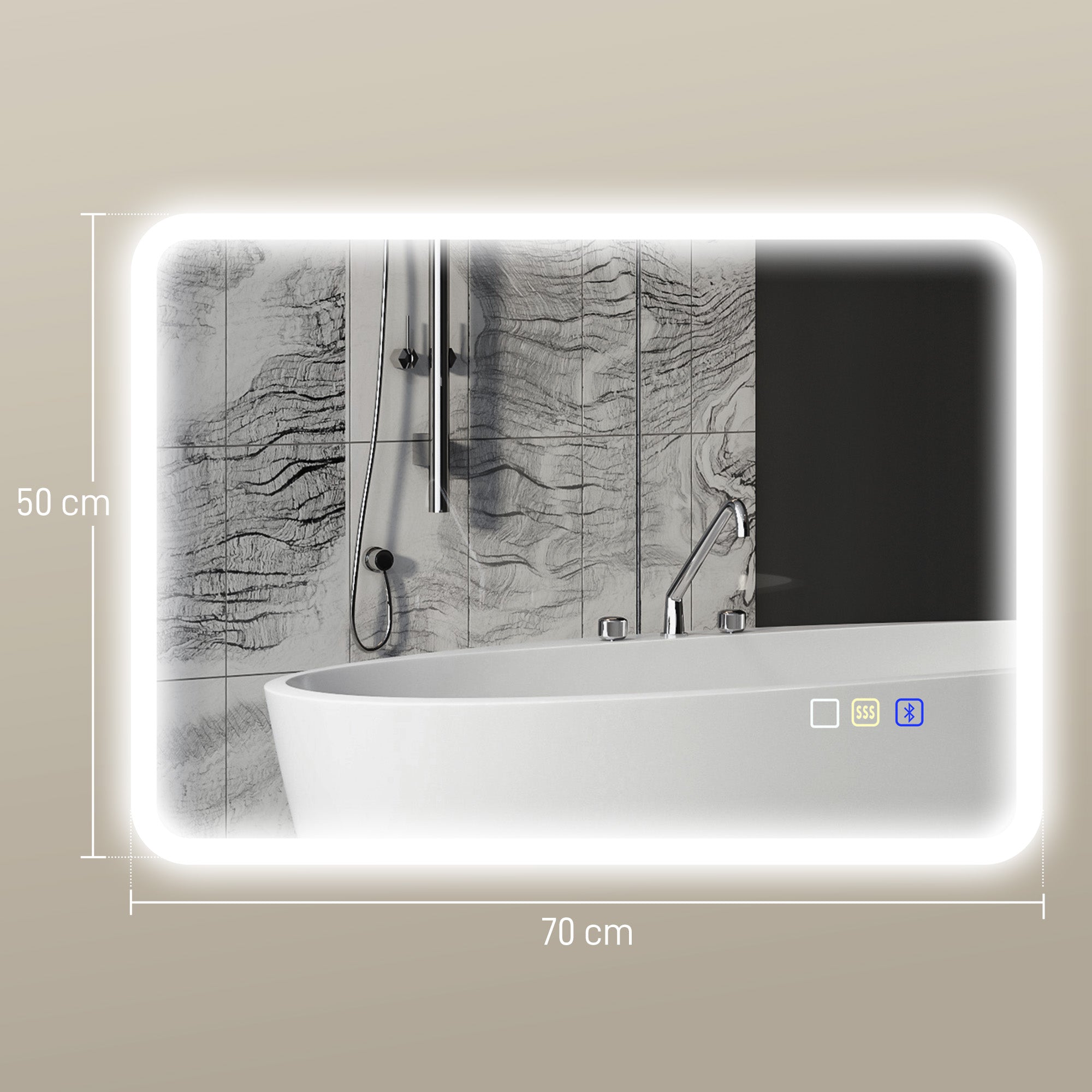 Bluetooth Bathroom Mirror 50 x 70 cm, LED Illuminated Wall Bathroom Mirror with Touch Switch, Adjustable 3 Color Light, Anti-Fog, Memory - Silver