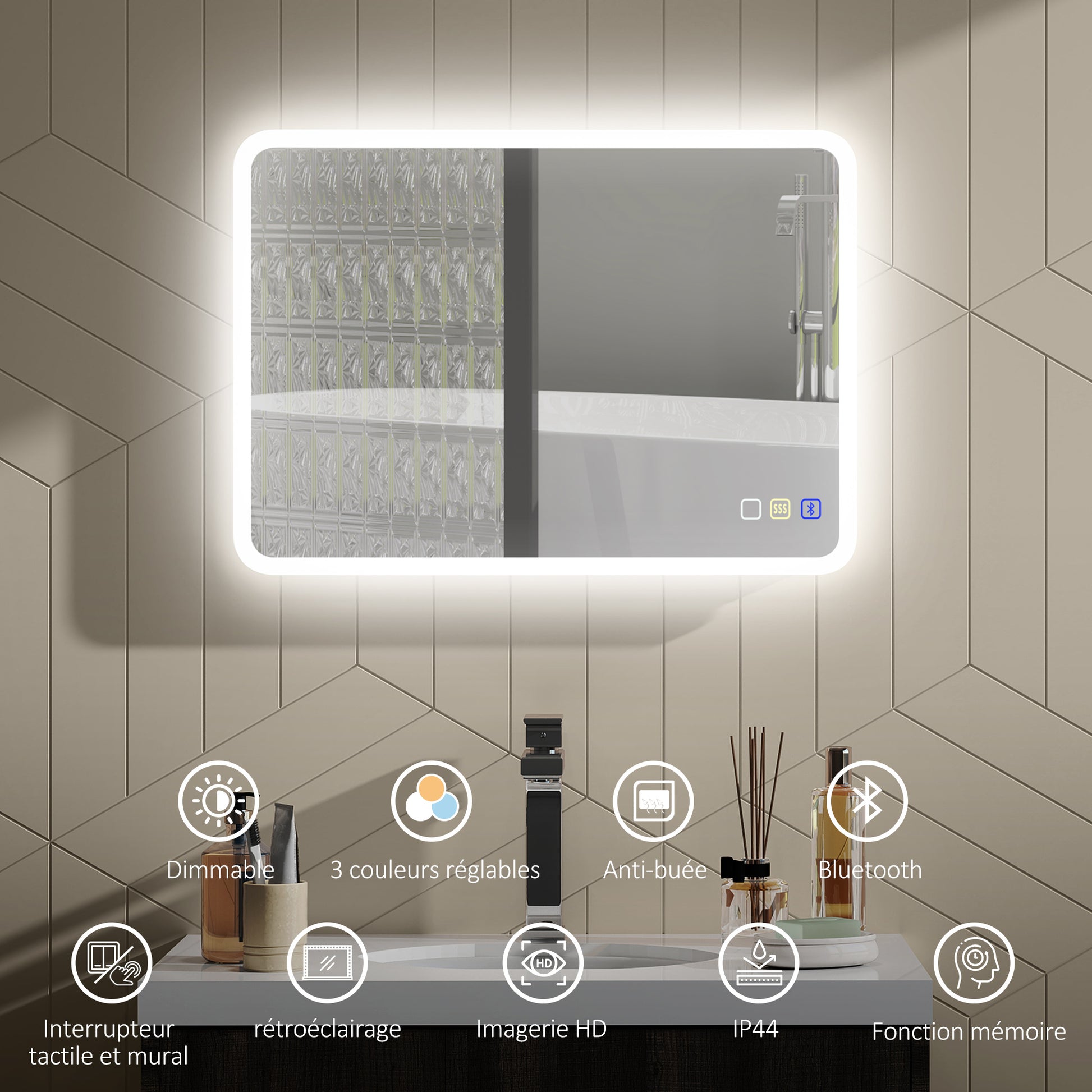 Bluetooth Bathroom Mirror 50 x 70 cm, LED Illuminated Wall Bathroom Mirror with Touch Switch, Adjustable 3 Color Light, Anti-Fog, Memory - Silver