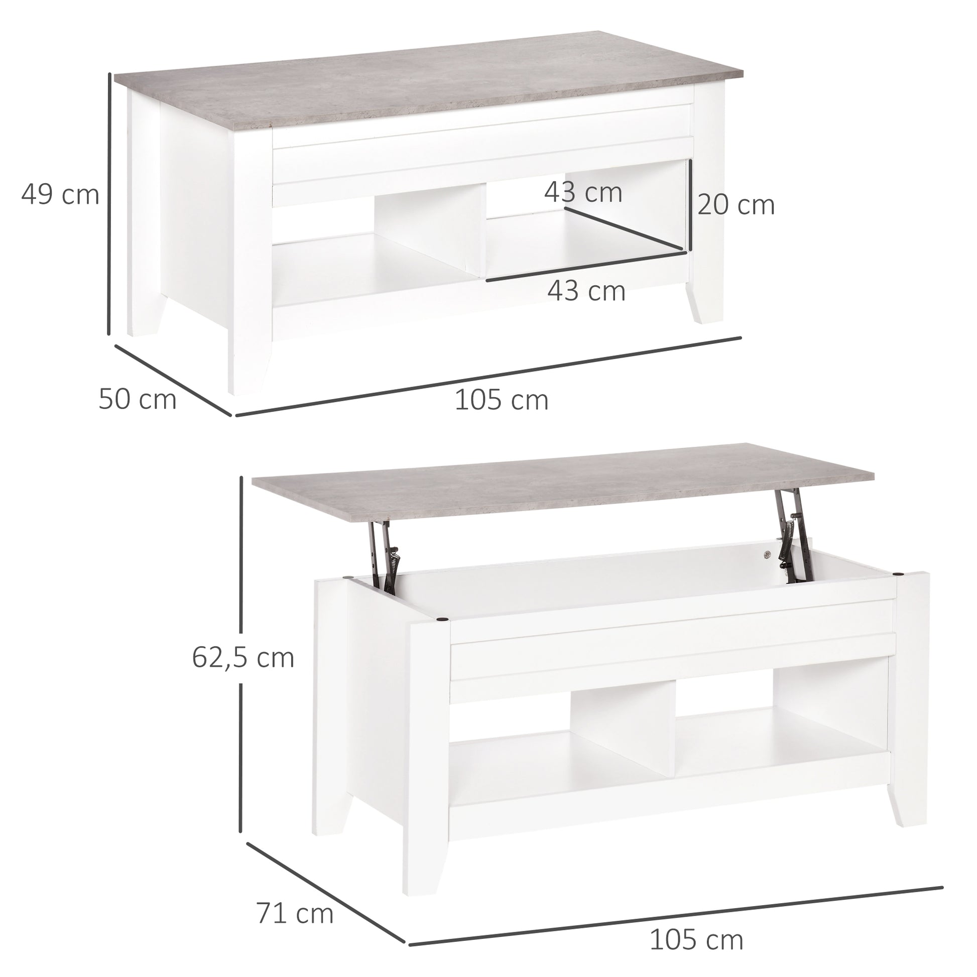 Lift-Top Coffee Table with Lift-Up Countertop, 2 Open Compartments, and Hidden Storage Space 105x50x49 cm White and Marble Effect