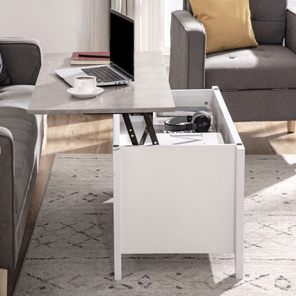 Lift-Top Coffee Table with Lift-Up Countertop, 2 Open Compartments, and Hidden Storage Space 105x50x49 cm White and Marble Effect