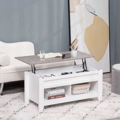Lift-Top Coffee Table with Lift-Up Countertop, 2 Open Compartments, and Hidden Storage Space 105x50x49 cm White and Marble Effect