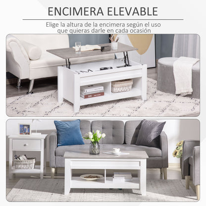 Lift-Top Coffee Table with Lift-Up Countertop, 2 Open Compartments, and Hidden Storage Space 105x50x49 cm White and Marble Effect