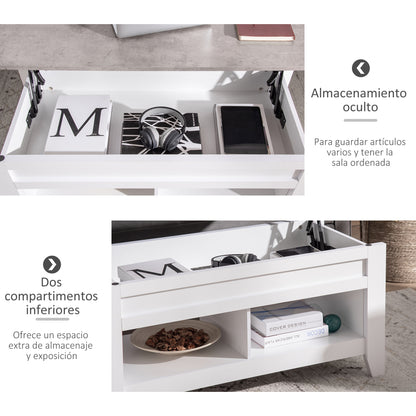 Lift-Top Coffee Table with Lift-Up Countertop, 2 Open Compartments, and Hidden Storage Space 105x50x49 cm White and Marble Effect