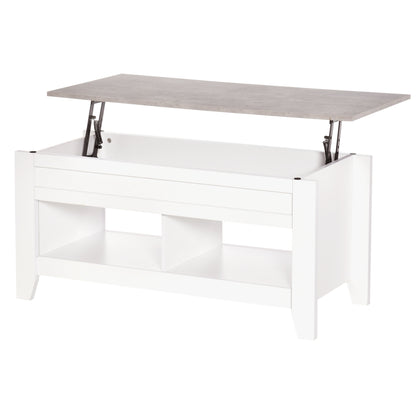Lift-Top Coffee Table with Lift-Up Countertop, 2 Open Compartments, and Hidden Storage Space 105x50x49 cm White and Marble Effect