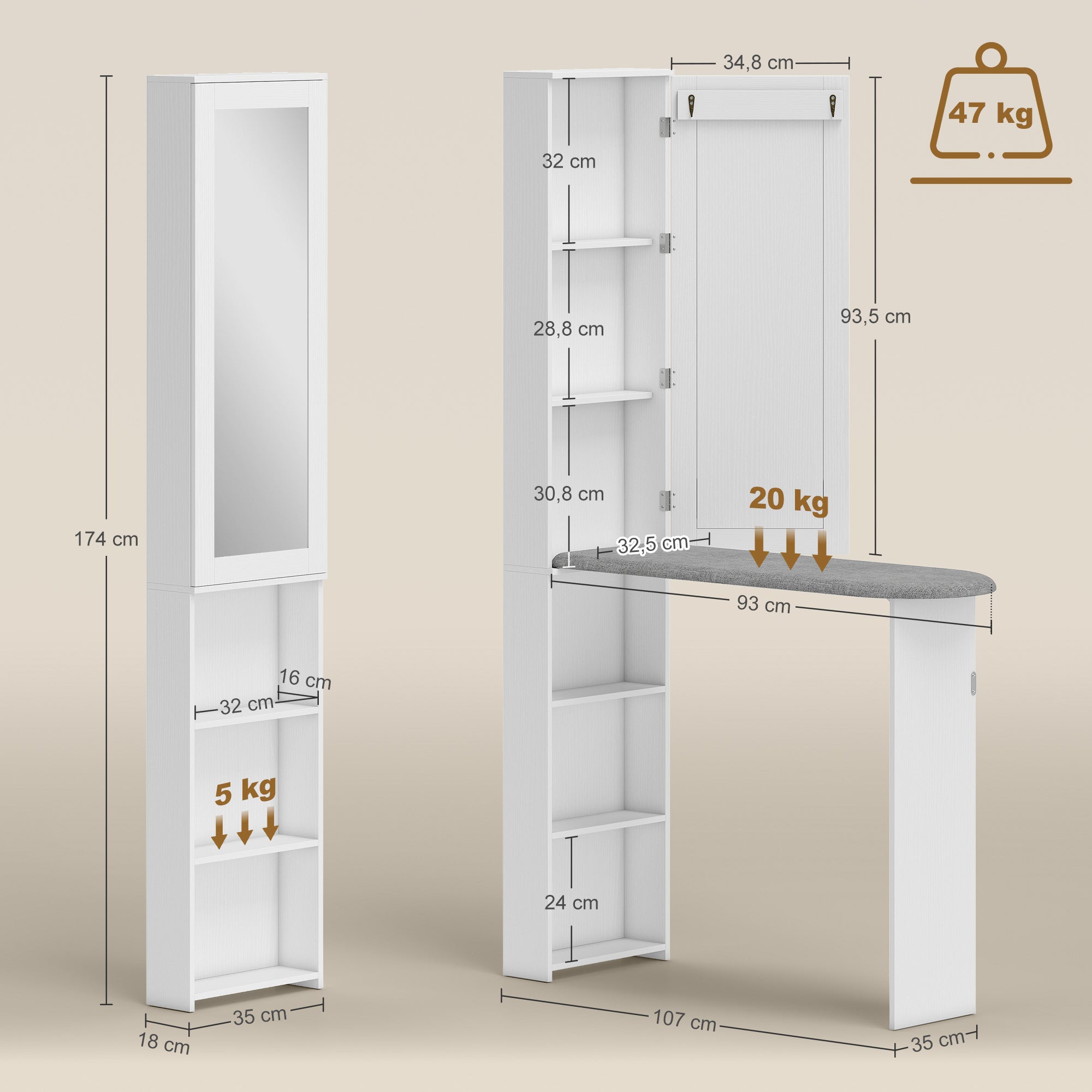 Foldable Ironing Board Cabinet with Door, Internal Shelves & Mirror — Space-Saving Ironing Station for Laundry Rooms or Small Spaces, 106 x 35 x 174 cm (41.7 x 13.8 x 68.5 in), White