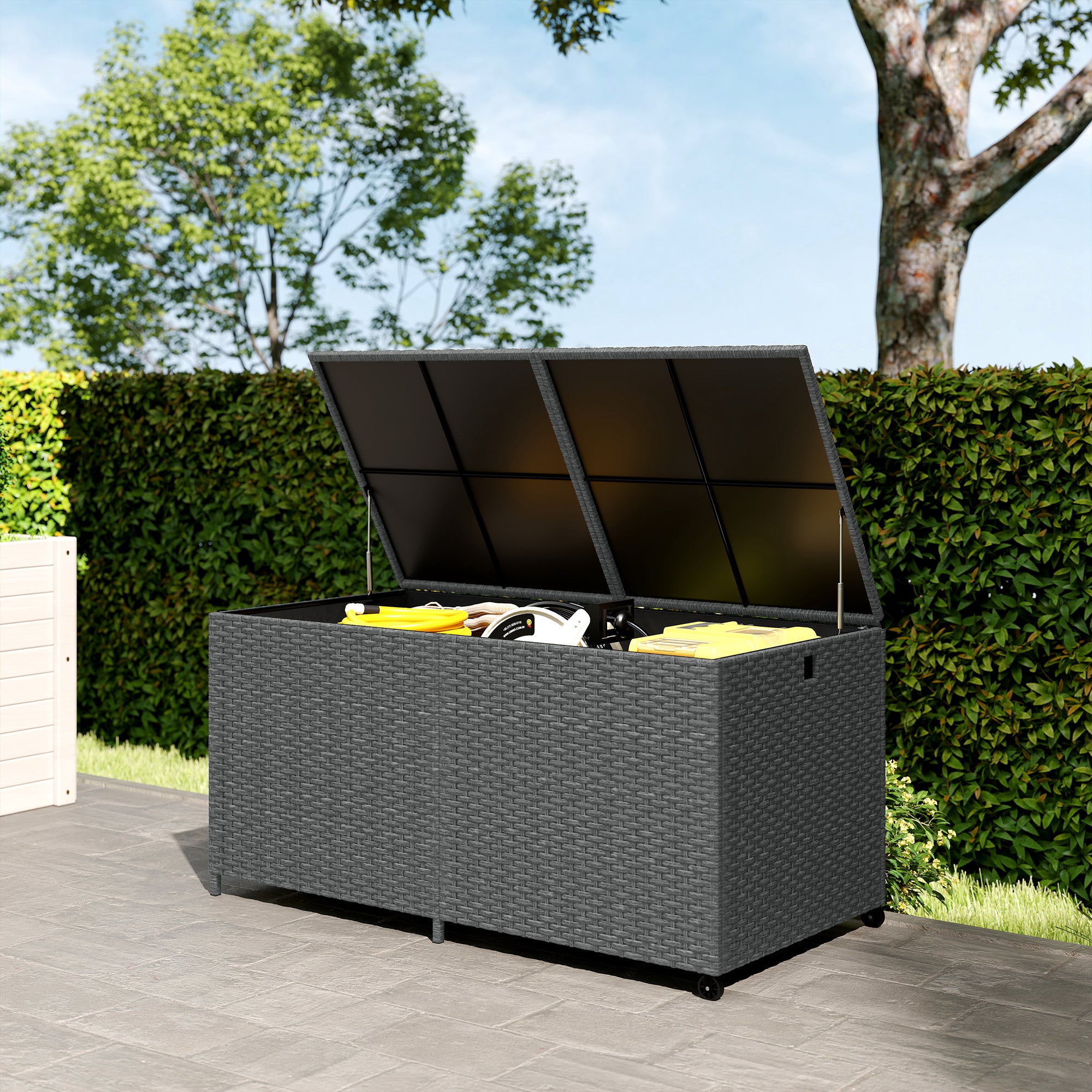 650L Weatherproof Rattan Cushion Box with Lid, Wheels & Storage – UV-Resistant Garden Chest for Patio, Terrace, Balcony | 59 x 29.5 x 29.1 in (150 x 75 x 74 cm) – Dark Gray