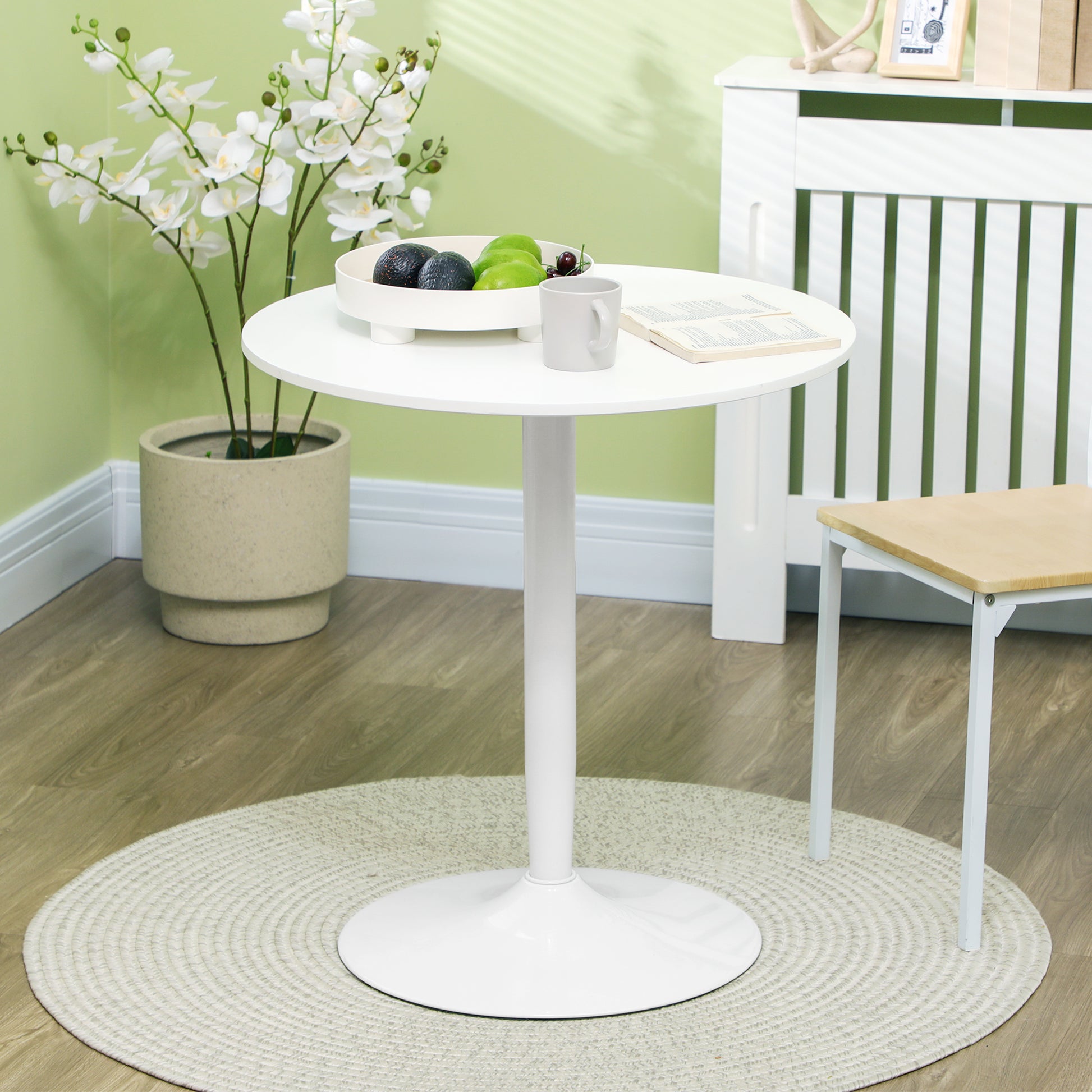 Dining Table, Round Kitchen Table, Modern Dining Table for 2 Persons, Bar Table with Steel Leg, Non-Slip Footrest, Coffee Table for Living Room, Ø70 x 75 cm, White