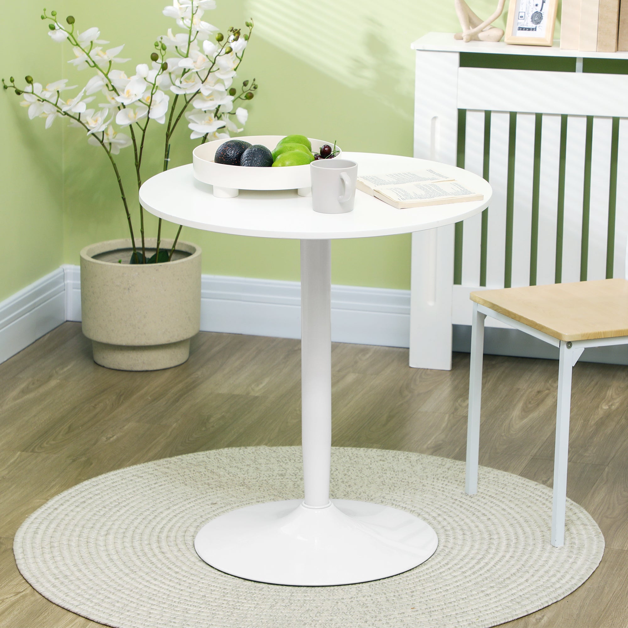 Dining Table, Round Kitchen Table, Modern Dining Table for 2 Persons, Bar Table with Steel Leg, Non-Slip Footrest, Coffee Table for Living Room, Ø70 x 75 cm, White