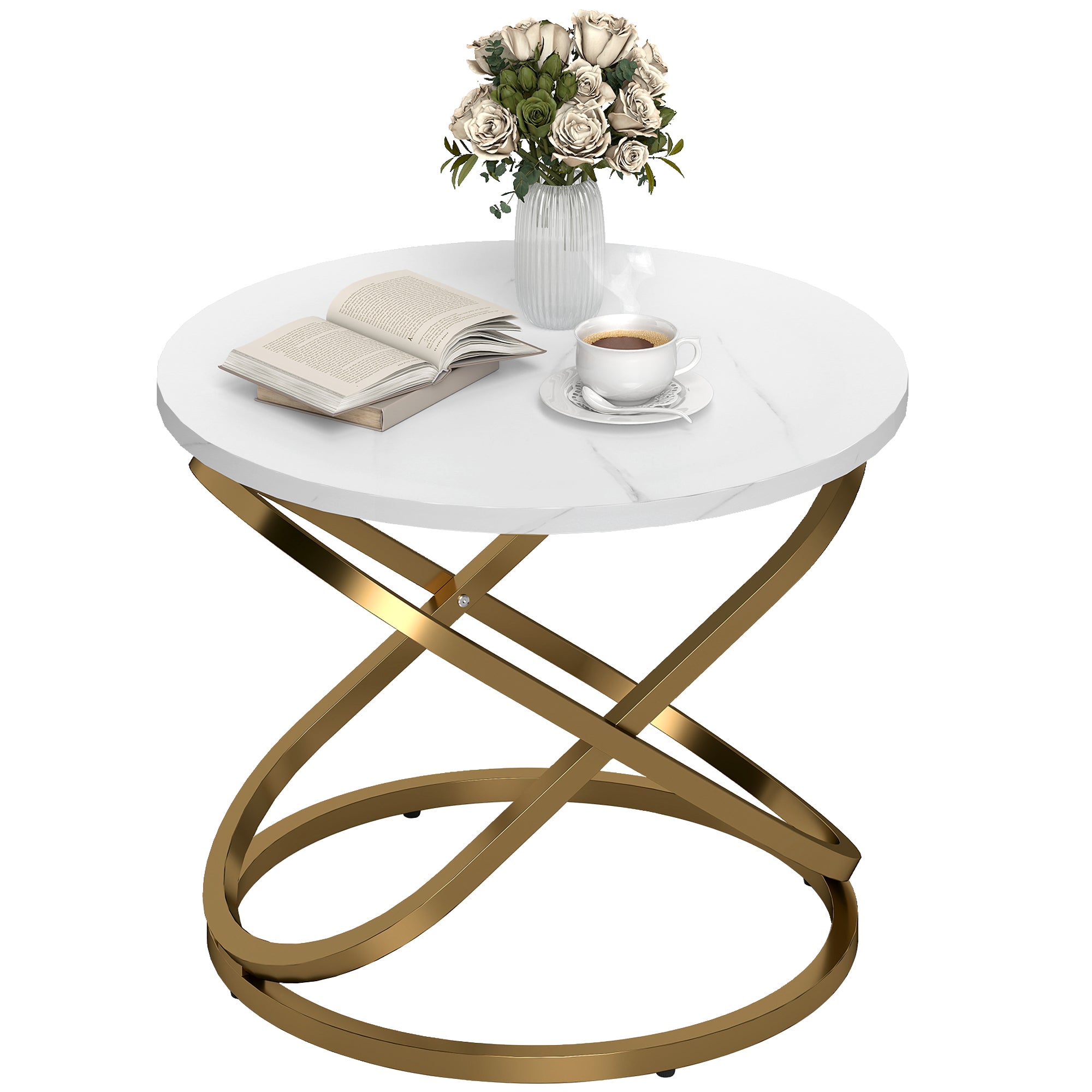 Round Coffee Table — Industrial Style Gold Metal Base with Marble-Effect Top, Ø 60 × 46 cm (Ø 23.6 × 18.1 in)