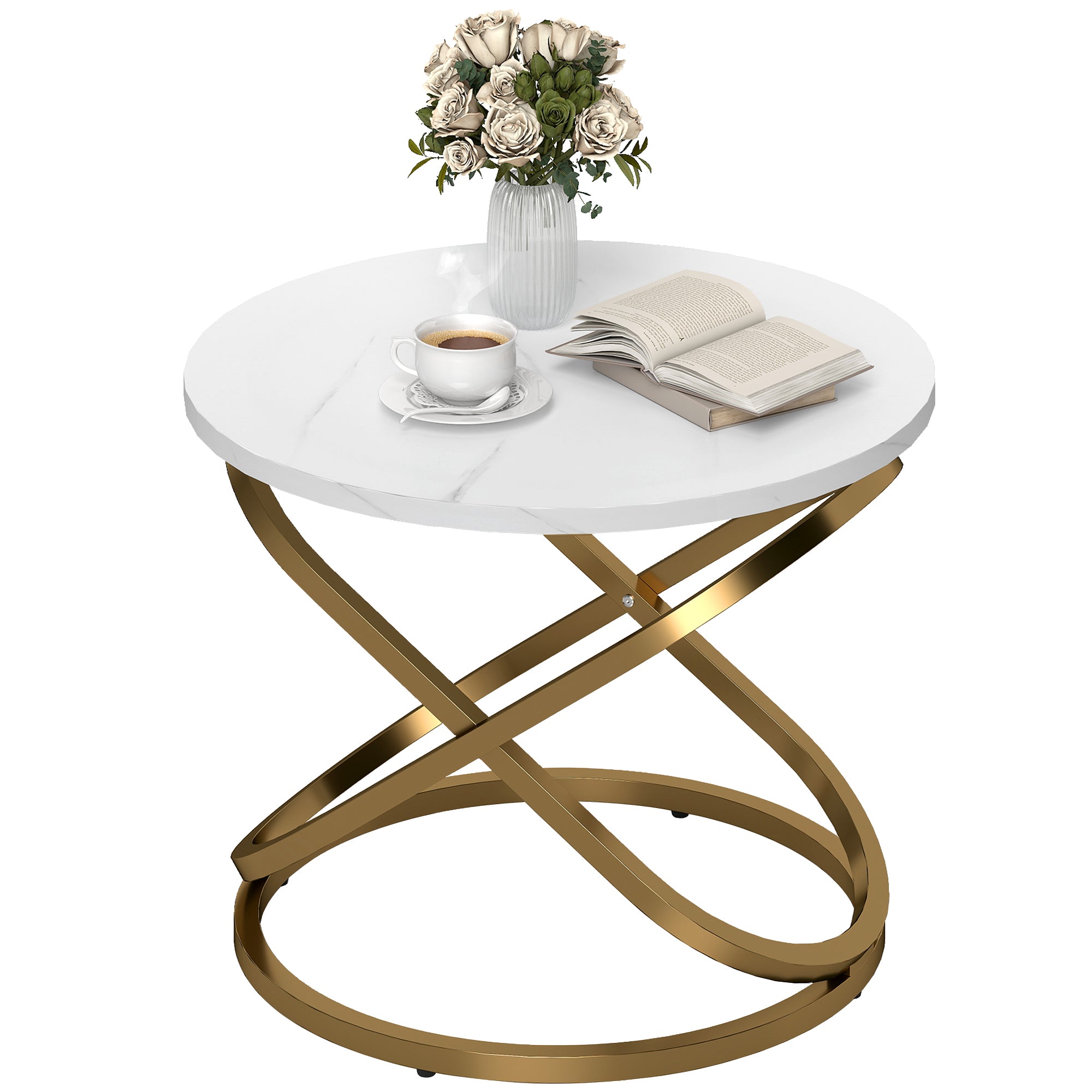 Round Coffee Table — Industrial Style Gold Metal Base with Marble-Effect Top, Ø 60 × 46 cm (Ø 23.6 × 18.1 in)